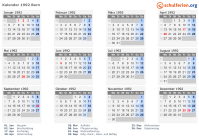 Kalender 1992 mit Ferien und Feiertagen Bern