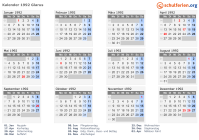 Kalender 1992 mit Ferien und Feiertagen Glarus