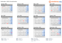 Kalender 1992 mit Ferien und Feiertagen Graubünden