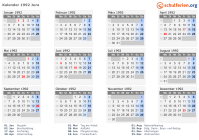 Kalender 1992 mit Ferien und Feiertagen Jura