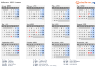 Kalender 1992 mit Ferien und Feiertagen Luzern