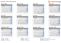 Kalender 1992 mit Ferien und Feiertagen Neuenburg