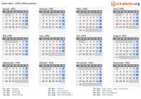 Kalender 1992 mit Ferien und Feiertagen Nidwalden