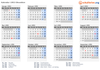 Kalender 1992 mit Ferien und Feiertagen Obwalden
