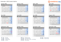 Kalender 1992 mit Ferien und Feiertagen Sankt Gallen