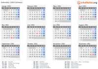 Kalender 1992 mit Ferien und Feiertagen Schwyz
