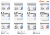 Kalender 1992 mit Ferien und Feiertagen Solothurn