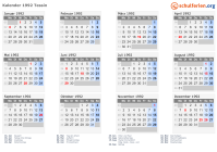 Kalender 1992 mit Ferien und Feiertagen Tessin