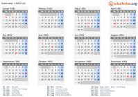 Kalender 1992 mit Ferien und Feiertagen Uri