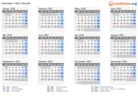 Kalender 1992 mit Ferien und Feiertagen Waadt