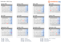 Kalender 1992 mit Ferien und Feiertagen Zug