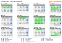 Kalender 1993 mit Ferien und Feiertagen Baden-Württemberg