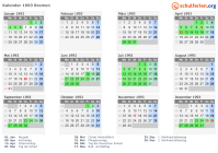 Kalender 1993 mit Ferien und Feiertagen Bremen