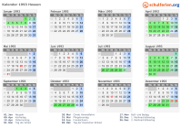Kalender 1993 mit Ferien und Feiertagen Hessen