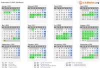 Kalender 1993 mit Ferien und Feiertagen Sachsen