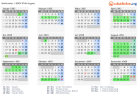 Kalender 1993 mit Ferien und Feiertagen Thüringen