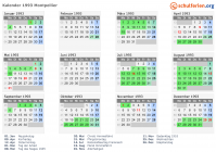 Kalender 1993 mit Ferien und Feiertagen Montpellier