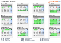 Kalender 1993 mit Ferien und Feiertagen Straßburg