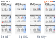 Kalender 1993 mit Ferien und Feiertagen Uri