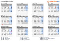 Kalender 1993 mit Ferien und Feiertagen Waadt