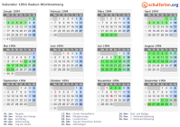 Kalender 1994 mit Ferien und Feiertagen Baden-Württemberg