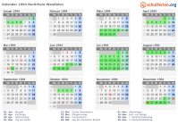 Kalender 1994 mit Ferien und Feiertagen Nordrhein-Westfalen