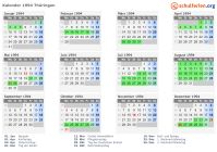 Kalender 1994 mit Ferien und Feiertagen Thüringen