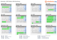 Kalender 1995 mit Ferien und Feiertagen Baden-Württemberg