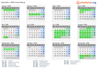 Kalender 1996 mit Ferien und Feiertagen Vorarlberg