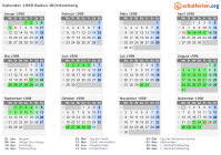 Kalender 1998 mit Ferien und Feiertagen Baden-Württemberg
