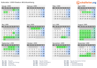 Kalender 1999 mit Ferien und Feiertagen Baden-Württemberg