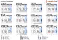 Kalender 2000 mit Ferien und Feiertagen Aargau