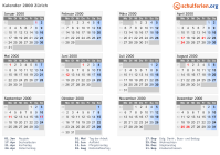 Kalender 2000 mit Ferien und Feiertagen Zürich