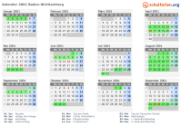 Kalender 2001 mit Ferien und Feiertagen Baden-Württemberg