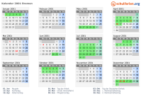 Kalender 2001 mit Ferien und Feiertagen Bremen