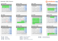 Kalender 2001 mit Ferien und Feiertagen Hessen