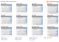 Kalender 2001 mit Ferien und Feiertagen Deutschland