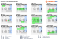 Kalender 2001 mit Ferien und Feiertagen Sachsen-Anhalt