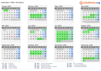 Kalender 2001 mit Ferien und Feiertagen Sachsen