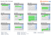 Kalender 2001 mit Ferien und Feiertagen Thüringen
