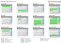 Kalender 2001 mit Ferien und Feiertagen Steiermark