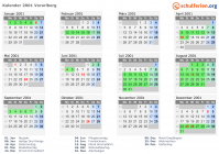Kalender 2001 mit Ferien und Feiertagen Vorarlberg