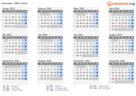 Kalender 2001 mit Ferien und Feiertagen Genf
