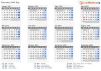 Kalender 2001 mit Ferien und Feiertagen Zug