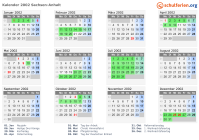 Kalender 2002 mit Ferien und Feiertagen Sachsen-Anhalt