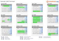 Kalender 2002 mit Ferien und Feiertagen Thüringen