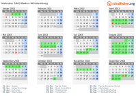 Kalender 2003 mit Ferien und Feiertagen Baden-Württemberg