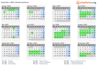 Kalender 2003 mit Ferien und Feiertagen Niedersachsen