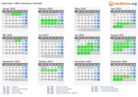 Kalender 2003 mit Ferien und Feiertagen Sachsen-Anhalt
