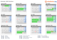 Kalender 2003 mit Ferien und Feiertagen Sachsen